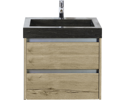 Meuble sous lavabo Dante 60 cm chêne nature y compris vasque en pierre naturelle