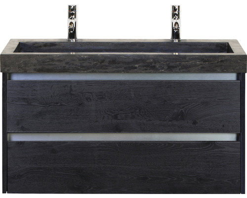 Badmöbel-Set Sanox Dante Frontfarbe black oak BxHxT 101 x 58 x 45,5 cm mit Naturstein-Doppelwaschtisch
