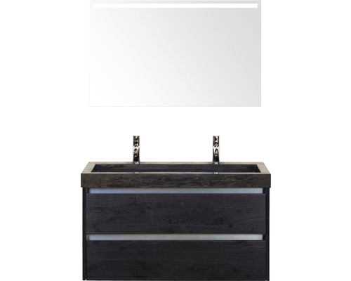 Ensemble de meubles de salle de bains Sanox Dante couleur de façade black oak lxhxp 101 x 170 x 45,5 cm avec lavabo double en pierre naturelle et miroir à éclairage LED