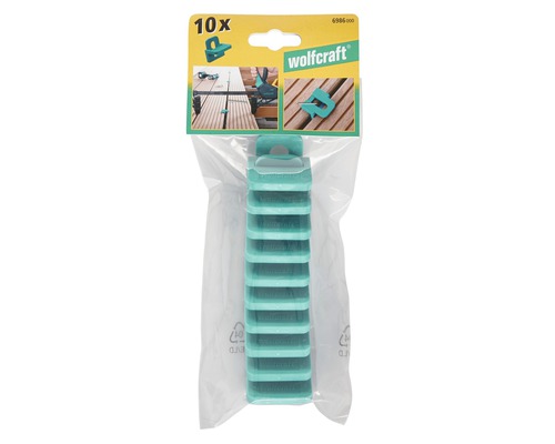 Zehn Terrassendielenverbinder in einer Verpackung, Marke Wolfcraft.