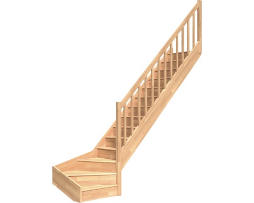 Escalier à limon latéral escalier de meunier Pertura Elenie hêtre bois lamellé-collé avec contremarches 1/4-tournant en bas à droite 16 marches / 17 pas de marche garde-corps à barres verticales