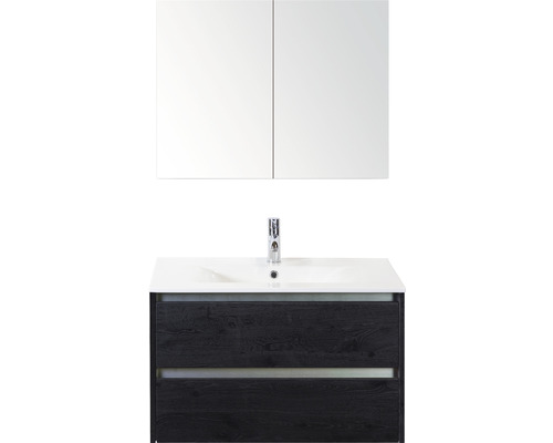 Ensemble de meubles de salle de bains Dante 80 black oak avec vasque Enjoy + armoire de toilette Meuble sous-vasque avec deux tiroirs, vasque et armoire de toilette