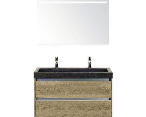 Badmöbel-Set Sanox Dante Frontfarbe eiche natur BxHxT 101 x 170 x 45,5 cm mit Naturstein-Doppelwaschtisch und Spiegel mit LED-Beleuchtung