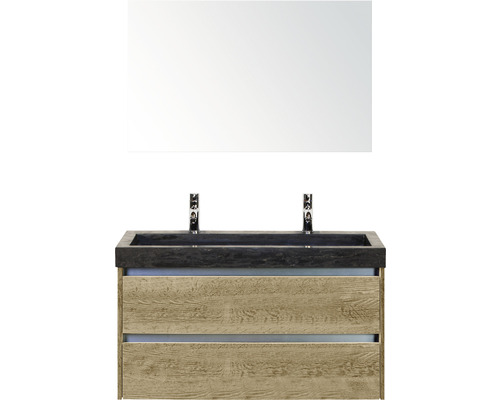 Badmöbel-Set Sanox Dante Frontfarbe eiche natur BxHxT 101 x 170 x 45,5 cm mit Naturstein-Dopplelwaschtisch und Spiegel
