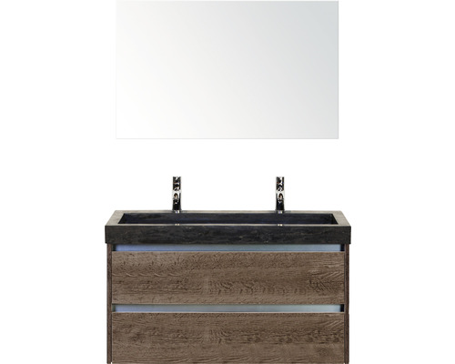 Badmöbel-Set Sanox Dante Frontfarbe tabacco BxHxT 101 x 170 x 45,5 cm mit Naturstein-Doppelwaschtisch und Spiegel