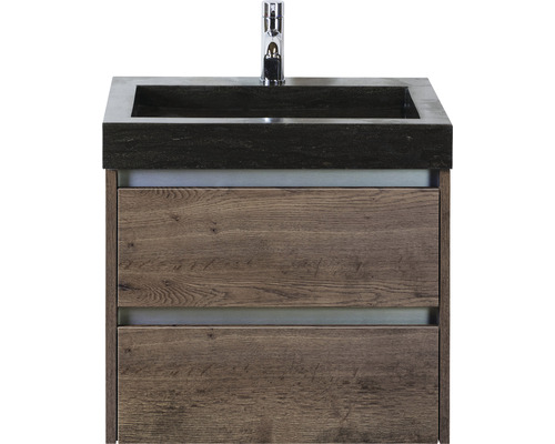 Meuble sous lavabo Dante 60 cm tabacco y compris vasque en pierre naturelle