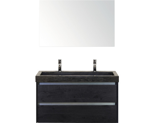 Ensemble de meubles de salle de bains Sanox Dante couleur de façade black oak lxhxp 101 x 170 x 45,5 cm avec lavabo double en pierre naturelle et miroir