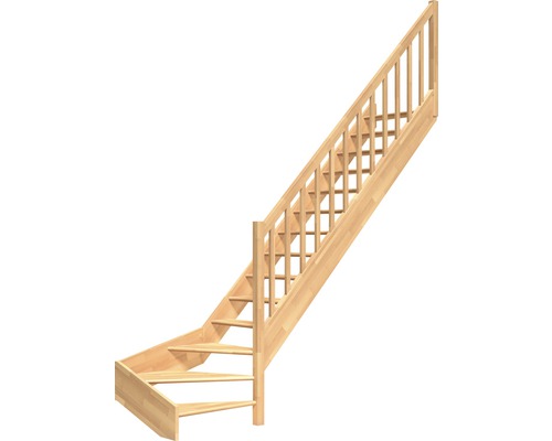 Escalier à limon latéral escalier de meunier Pertura Elenie hêtre bois lamellé-collé sans contremarches 1/4-tournant en bas à droite 16 marches / 17 pas de marche garde-corps à barres verticales