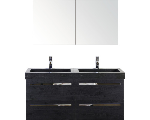 Ensemble de meubles de salle de bains Sanox Seville couleur de façade black oak lxhxp 121x170x45.5 cm avec lavabo en pierre naturelle et armoire de toilette