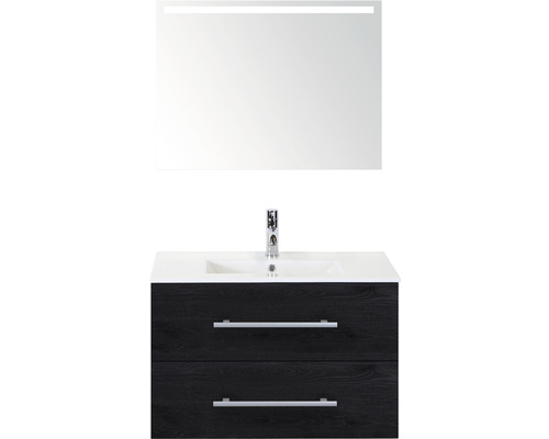 Set de meubles de salle de bains Sanox Stretto lxhxp 81 x 170 x 39 cm couleur de façade black oak avec vasque en céramique blanc et vasque céramique miroir avec éclairage LED meuble sous vasque Meuble-lavabo avec meuble sous-vasque et miroir éclairé pour la salle de bain