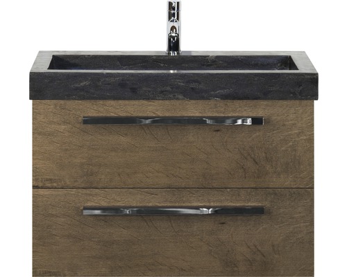 Lavabo en pierre naturelle avec meuble bas Sanox SEVILLE lxhxp 81x58x45.5 cm couleur de façade tabacco 81702139 Meuble sous-lavabo avec deux tiroirs, lavabo en pierre naturelle et robinetterie