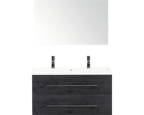 Set de meubles de salle de bains Sanox Straight lxhxp 100 x 170 x 40 cm couleur de façade black oak avec vasque en fonte minérale blanc et double vasque en fonte minérale miroir meuble sous vasque