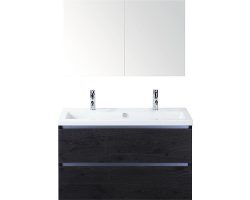 Ensemble de meubles de salle de bains Sanox Vogue couleur de façade black oak lxhxp 101 x 170 x 41 cm avec double vasque en céramique et armoire de toilette