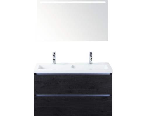 Ensemble de meubles de salle de bains Sanox Vogue couleur de façade black oak lxhxp 101 x 170 x 41 cm avec double vasque en céramique et miroir avec éclairage LED