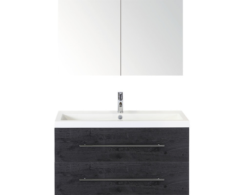 Badmöbel-Set Sanox Straight Frontfarbe black oak BxHxT 100x170x40 cm mit Mineralgusswaschtisch und Spiegelschrank