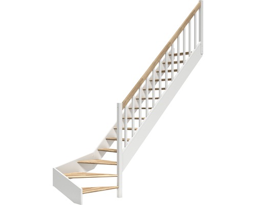 Escalier à limon latéral escalier de meunier Pertura Elenie chêne sans contremarches 1/4-tournant en bas à droite 16 marches / 17 pas de marche garde-corps à barres verticales