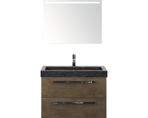 Ensemble de meubles de salle de bains Sanox Seville couleur de façade tabacco lxhxp 81x170x45.5 cm avec lavabo en pierre naturelle et miroir avec éclairage LED