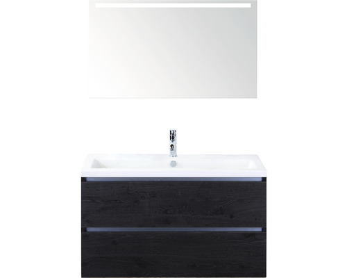 Ensemble de meubles de salle de bains Sanox Vogue couleur de façade black oak lxhxp 101 x 170 x 41 cm avec vasque en céramique et miroir avec éclairage LED