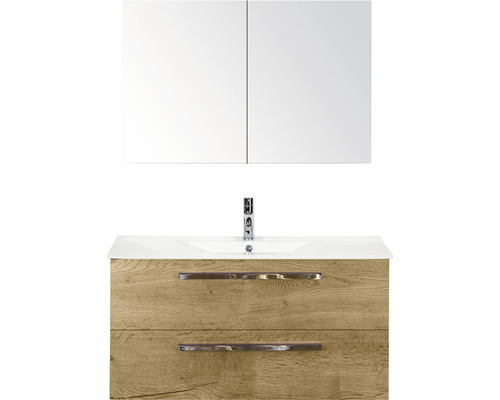 Ensemble de meubles de salle de bains Seville 100 cm lavabo en céramique avec armoire de toilette chêne nature Meuble sous-vasque avec armoire de toilette, robinet et deux tiroirs