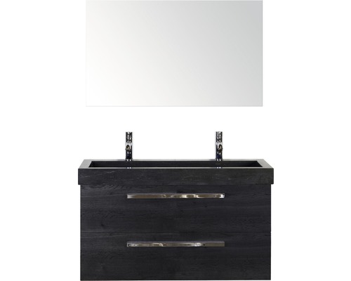 Ensemble de meubles de salle de bains Sanox Seville couleur de façade black oak lxhxp 101x170x45.5 cm avec lavabo en pierre naturelle et miroir