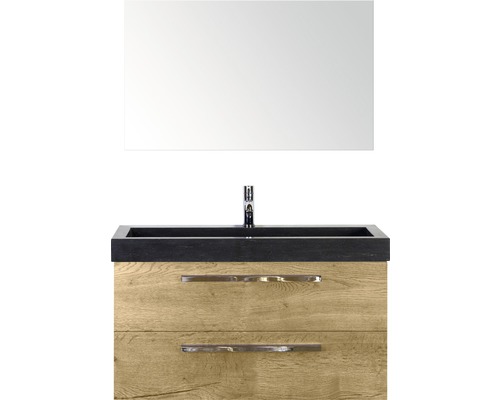 Badmöbel-Set Sanox Seville Frontfarbe eiche BxHxT 101 x 170 x 45,5 cm mit Natursteinwaschtisch und Spiegel