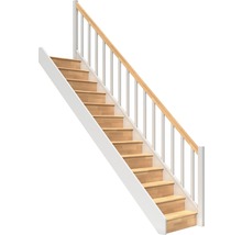 Escalier à limon latéral escalier de meunier Pertura Elenie hêtre bois lamellé-collé avec contremarches droit 14 marches / 15 pas de marche garde-corps à barres verticales