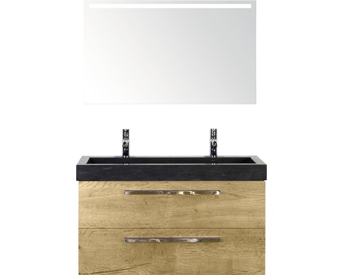 Badmöbel-Set Sanox Seville Frontfarbe eiche BxHxT 101x170x45.5 cm mit Natursteinwaschtisch und Spiegel mit LED-Beleuchtung