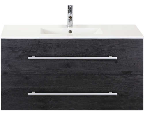 Waschbeckenunterschrank Stretto 100 cm black oak inkl. Keramikwaschbecken