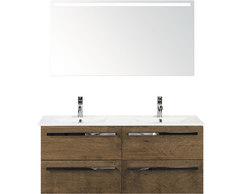 Ensemble de meubles de salle de bains Stretto 120 cm lavabo en pierre artificielle avec miroir avec éclairage tabacco