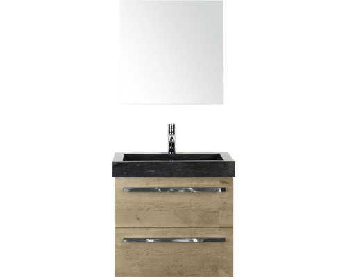 Ensemble de meubles de salle de bains Seville 60 cm lavabo en pierre artificielle avec armoire de toilette chêne nature