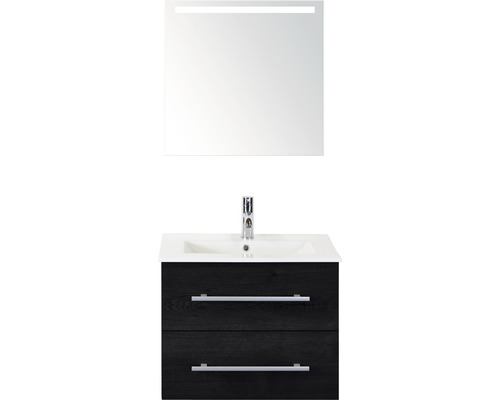 Badmöbel-Set Sanox Stretto Frontfarbe schwarz eiche BxHxT 61 x 170 x 39 cm mit Keramikwaschtisch und Spiegel mit LED-Beleuchtung