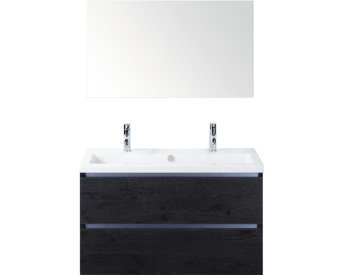 Ensemble de meubles de salle de bains Sanox Vogue couleur de façade black oak lxhxp 101 x 170 x 41 cm avec double vasque en céramique et miroir