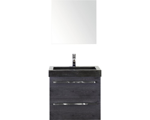 Ensemble de meubles de salle de bains Sanox Seville couleur de façade black oak lxhxp 61x170x45.5 cm avec lavabo en pierre naturelle et miroir