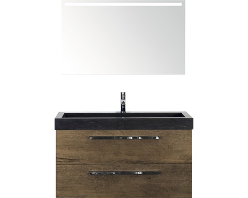 Badmöbel-Set Sanox Seville Frontfarbe eiche dunkel BxHxT 101 x 170 x 45,5 cm mit Natursteinwaschtisch und Spiegel mit LED-Beleuchtung