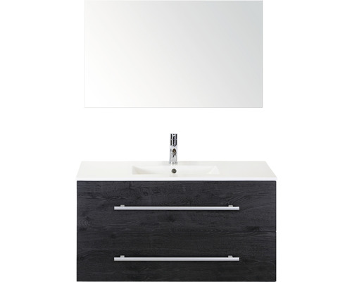 Set de meubles de salle de bains Sanox Stretto lxhxp 101 x 170 x 39 cm couleur de façade black oak avec vasque en céramique blanc et vasque en céramique miroir meuble sous vasque Meuble-lavabo avec miroir, lavabo, robinet et meuble bas avec deux tiroirs