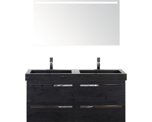 Ensemble de meubles de salle de bains Sanox Seville couleur de façade black oak lxhxp 121x170x45.5 cm avec lavabo en pierre naturelle et miroir avec éclairage LED