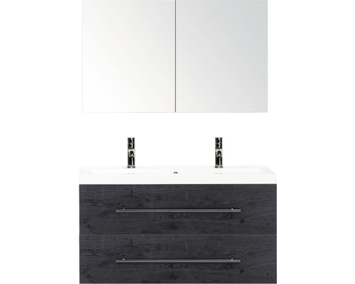Badmöbel-Set Sanox Straight Frontfarbe black oak BxHxT 100 x 170 x 40 cm mit Mineralguss-Doppelwaschtisch und Spiegelschrank