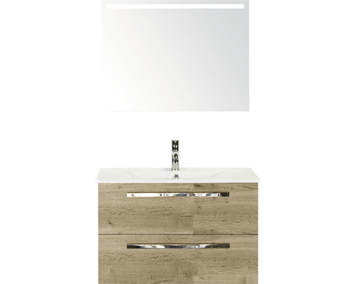 Ensemble de meubles de salle de bains Seville 80 cm lavabo en céramique avec miroir avec éclairage chêne nature