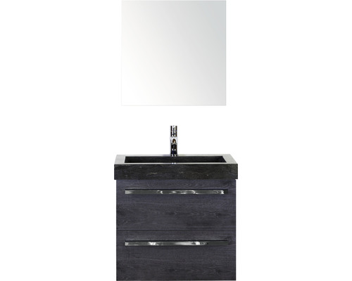 Ensemble de meubles de salle de bains Seville 60 cm lavabo en pierre naturelle avec armoire de toilette black oak