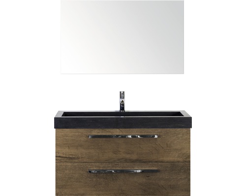 Badmöbel-Set Sanox Seville Frontfarbe eiche dunkel BxHxT 101 x 170 x 45,5 cm mit Natursteinwaschtisch und Spiegel