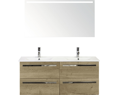 Ensemble de meubles de salle de bains Seville 120 cm pierre synthétique lavabo avec miroir avec éclairage chêne nature