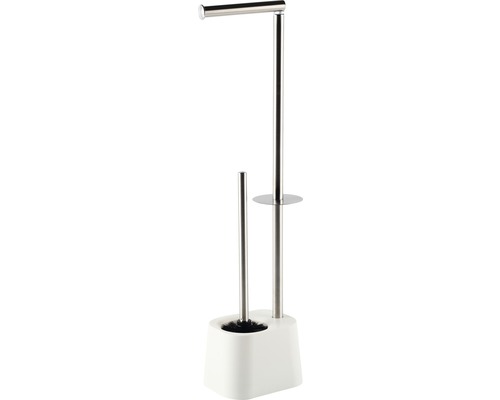 Serviteur WC avec Stockeur de papier toilette acier inoxydable brossé/blanc Porte-papier toilette avec brosse WC, sur pied