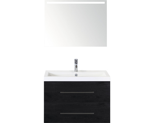 Set de meubles de salle de bains Sanox Straight lxhxp 80 x 170 x 40 cm couleur de façade black oak avec vasque en fonte minérale blanc et vasque en fonte minérale miroir avec éclairage LED meuble sous vasque