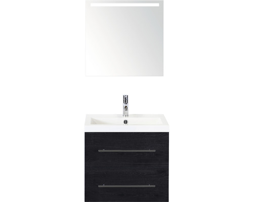 Set de meubles de salle de bains Sanox Straight lxhxp 60 x 170 x 40 cm couleur de façade black oak avec vasque en fonte minérale blanc et vasque en fonte minérale miroir avec éclairage LED meuble sous vasque