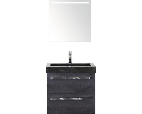 Ensemble de meubles de salle de bains Sanox Seville couleur de façade black oak lxhxp 61x170x45.5 cm avec lavabo en pierre naturelle et miroir avec éclairage LED