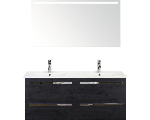 Ensemble de meubles de salle de bains Sanox Seville couleur de façade black oak lxhxp 121 x 170 x 46 cm avec double vasque en céramique et miroir avec éclairage LED