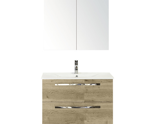 Ensemble de meubles de salle de bains Seville 80 cm lavabo en céramique avec armoire de toilette chêne nature Meuble-lavabo avec lavabo et armoire de toilette