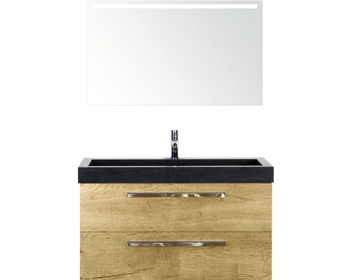 Badmöbel-Set Sanox Seville Frontfarbe eiche BxHxT 101 x 170 x 45,5 cm mit Natursteinwaschtisch und Spiegel mit LED-Beleuchtung