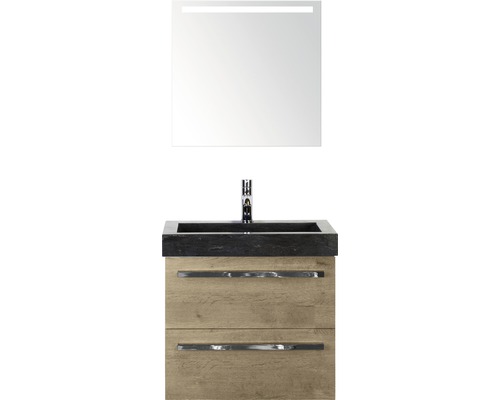 Ensemble de meubles de salle de bains Sanox Seville couleur de façade chêne lxhxp 61x170x45.5 cm avec lavabo en pierre naturelle et miroir avec éclairage LED