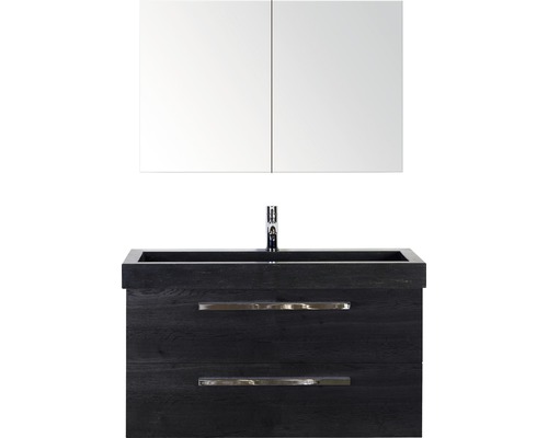 Badmöbel-Set Sanox Seville Frontfarbe eiche schwarz BxHxT 101x170x45,5 cm mit Natursteinwaschtisch und Spiegelschrank